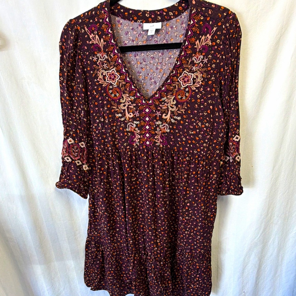 J. Jill Petite S Floral Embroidered V-Neck 3/4 Sleeve Rayon Short Dress cottage